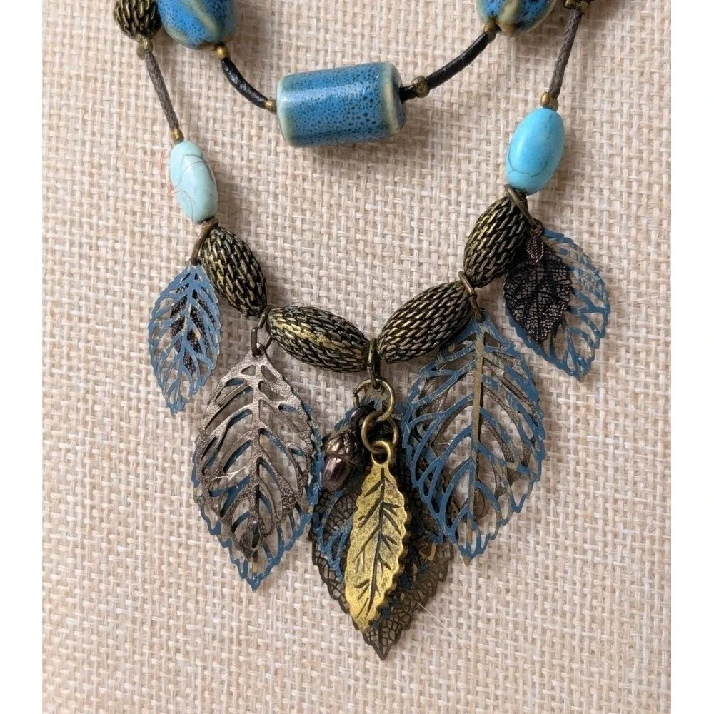 Boho Leaf Statement Necklace Faux Turquoise Ceramic‎ Beads Cord Necklace
